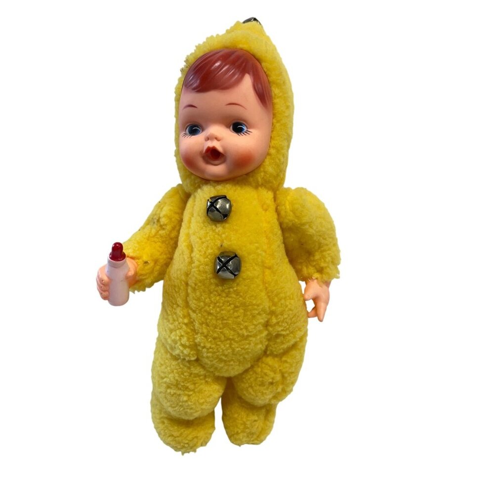 Vintage‎ Yellow Rubber Face Plush Baby Doll With Red Hair & Bell Accents